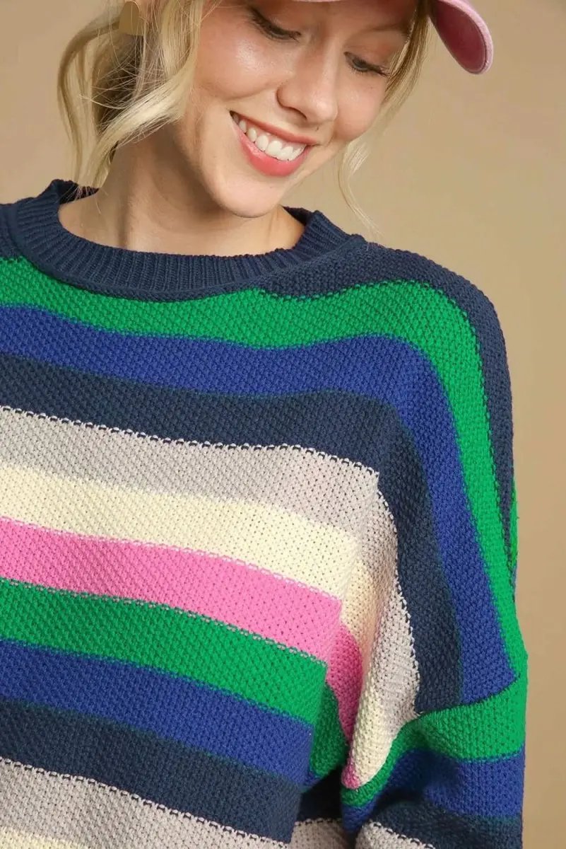 Vibrant Green Striped Drop Shoulder Crew Neck Sweater - Love Salve